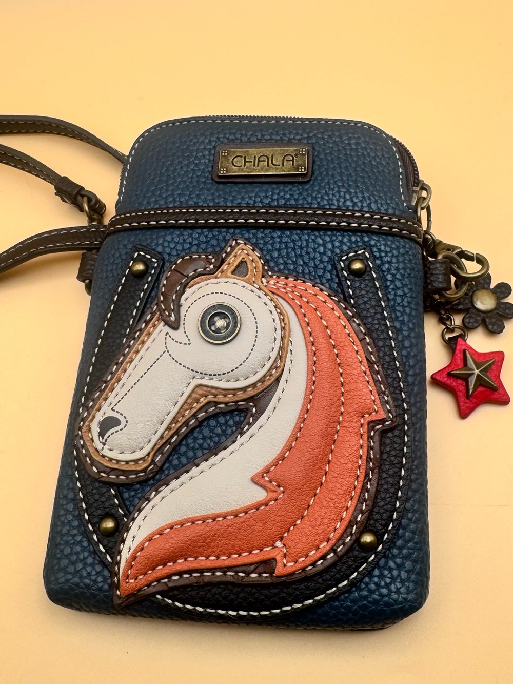 Chala Blue Pebbled Crossbody with Horse Applique and Star Charms